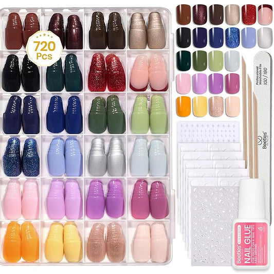 Beetles Press On Nails Kit - Funfetti | 720Pcs 24 Colors Short Square Press On Nails | 15 Sizes French Glossy Glitter With Nail Glue & Nail Tabs Stickers, Fake Nails Kit Art For Women