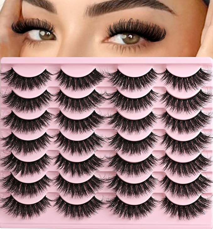 Lashes Wispy False Eyelashes Natural Fake Mink Lash Strips Cat Eye Eyelash Strip 14 Pairs Eye Lash Pack Lightweight Fluffy Cateye Lashes Soft Band 10-15mm Wispies Easy Eyelashes Natural Look