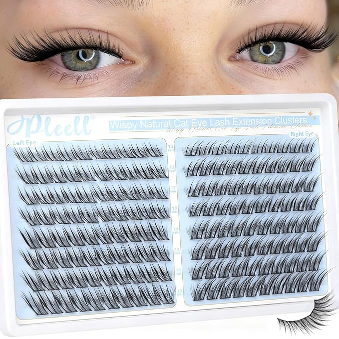 Pleell Cat eye Lash Clusters Wispy Eyelash Clusters Natural Fox Eye Lashes Left&Right Spikes Cluster Eyelash Extensions Fairy Cluster Lashes(160PCS, J Curve, 10-16MM)