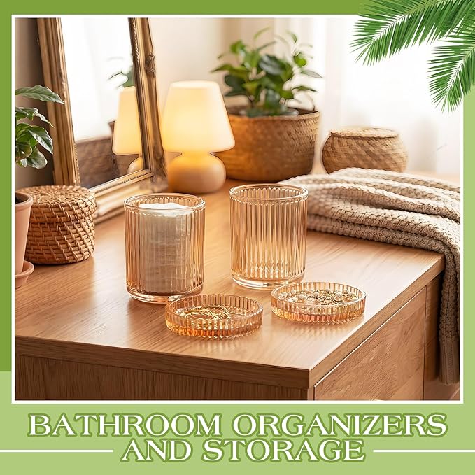 Yiyiring 2 Pack Glass Cotton Swab Holder with Lids and 1 Pack Stainless Steel Trays and Labels Glass Swab Dispenser Cotton Ball Holder Apothecary Jars Floss Pick Containers Bathroom Organizers(Amber)