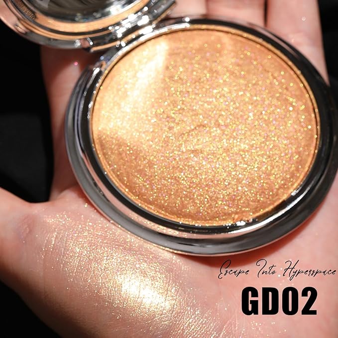 FOCALLURE Shimmer Face Highlighter Makeup Powder, Gel to Powder Glow Finish, Leaving a Lightweight & Healthy Radiance, Long Lasting Luminous Face Body Highlighter Makeup,GD02 Escape Into Hyperspace