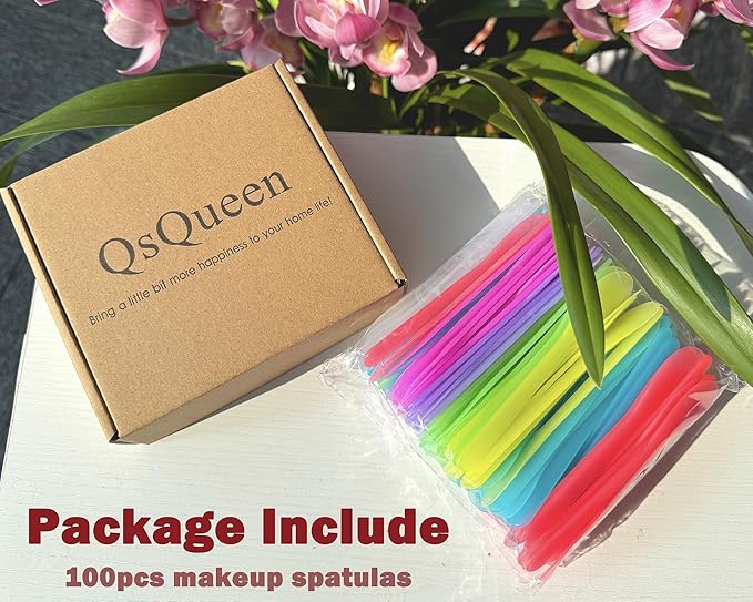QsQueen 100 PCS Cosmetic Spatulas, 7 Colors – Reusable Hygienic Makeup Scoop for Face Masks, Creams & Skincare, Flexible PP Tool for Mixing, Sampling, DIY, Salon & Travel 4.88'' x 1.06"