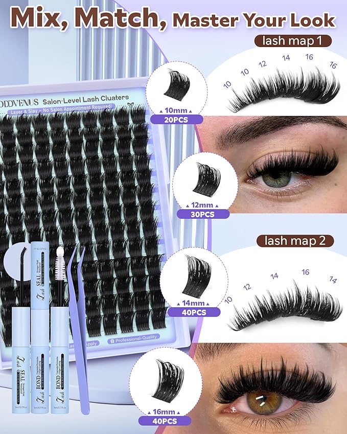 Goddvenus Salon-Like Lash Clusters Kit With Spikes DIY Eyelash Clusters D Curve Spiky Full Cluster Eyelash Extensions Kit Individual Lashes Cluster Kit (10-16mm 130Pcs)