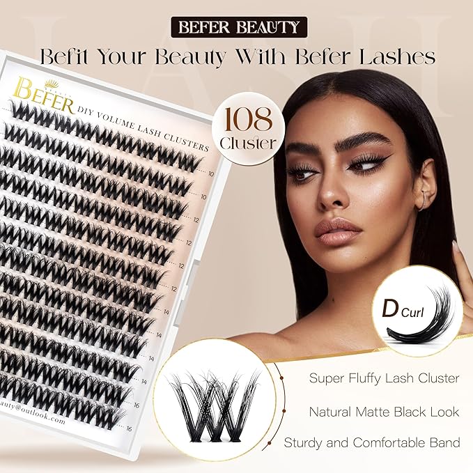 BEFER Lash Clusters, 108 Pcs 3D Curl Eyelash Clusters Volume Individual Lashes Extensions 10-16MM Wispy Eyelash DIY At Home(Brave, ZE11)