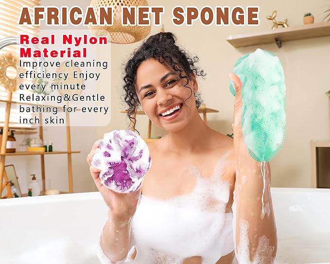 2 Pack African Net Sponge Exfoliating Scrubber Bath Sponge for Daily Use (Light Purple +Seafoam)