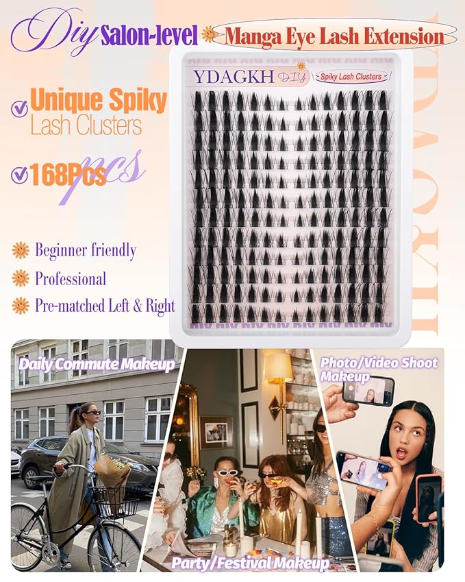 Manga Lash Clusters Spikes Doll Eyelash Extension Anime Wispy Eyelash Clusters Natural Spiky Cluster Eyelash Extensions Invisible Band 8-18mm DIY Cat Eye Lash Extension Fairy Individual Lashes 168Pcs