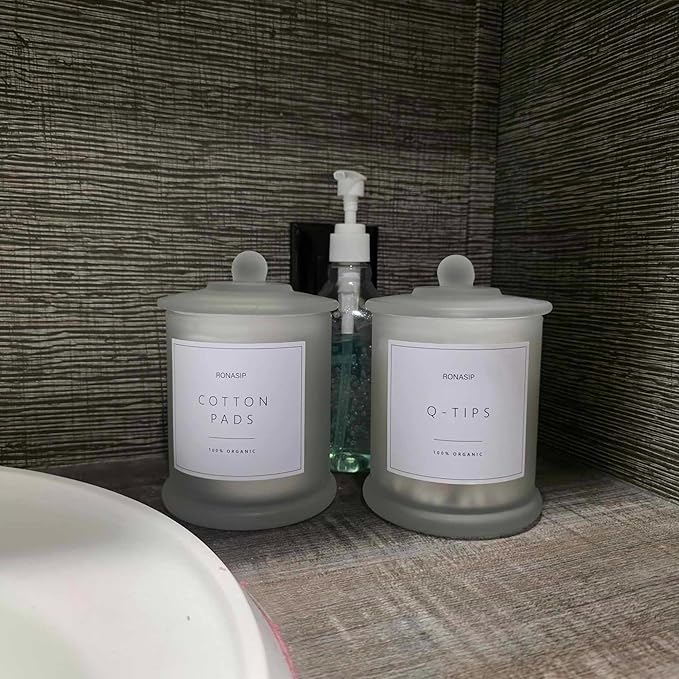 Ronasip Qtip Holder & Cotton Pad Dispenser, Bathroom Organizer and Storage Canisters, 16oz Glass Apothecary Jars for Kitchen, Restroom - Home Decor, Room Decor Aesthetic (2 Pack, Frosted White)