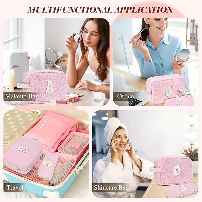 2PCS Makeup Bag with Initials, Valentines Day Gifts for Teen Girls Trendy Stuff, Personalized Cosmetic Travel Bag Pouch for Granddaughter, Cute Plush Make up Bags for Birthday - Pink T