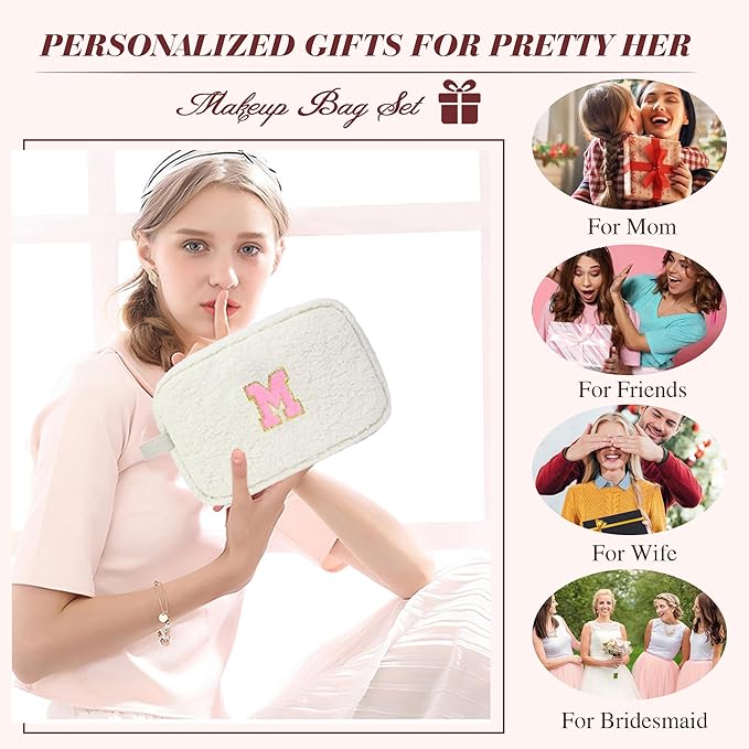for Valentines Day Gifts, Travel Makeup Bag for Women, Initial Make Up Bag Set for 6 7 8 9 10 11 12 13 Years Old Kids Tween Girls, Large Cosmetic Skincare Bags for Birthday Gifts, White L