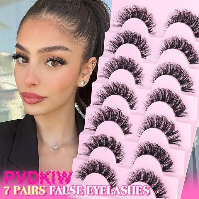 Wispy Lashes False Eyelashes Clear Band Cat Eye Lashes Natural Look 15MM Fake Eyelashes Pack Pestañas Postizas Naturales Wispy D Curvature Lashes, 7 Pairs