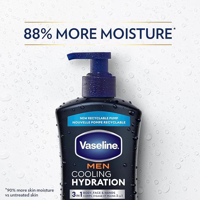 Vaseline Men Cooling Hydration 3-in-1 4 Pack for Dry Skin Face, Hands & Body Lotion for Men with Menthol & Ultra-Hydrating Lipids 20.3 oz
