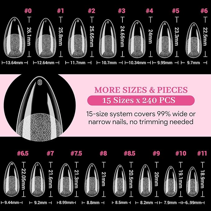 Qiek Medium Almond Fake Nail Tips, 15 Sizes 240 PCS Clear Half Matte Press On False Nail Tips Pre-shaped Full Cover Gel Nail Acrylic Soft Tips Extensions Thick Long Lasting for Home DIY Nail Salon