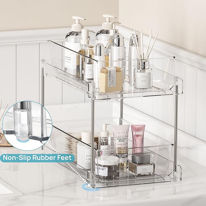 Vtopmart 8 Pack Bathroom Organizer, 2 Tier Clear Under Sink Organizers Vanity Countertop Storage Container,Cabinet Drawers Bins, Pull-Out Organization with Track for Pantry, Kitchen