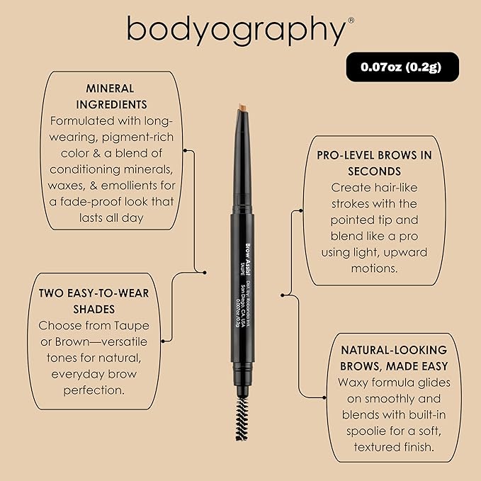 Bodyography Brow Assist – Taupe | Triangular Tip Eyebrow Pencil for Women with Built-In Spoolie | Defines, Fills & Shapes Brows | Mineral-Based Formula with Castor & Coconut Oil | Clean, Vegan
