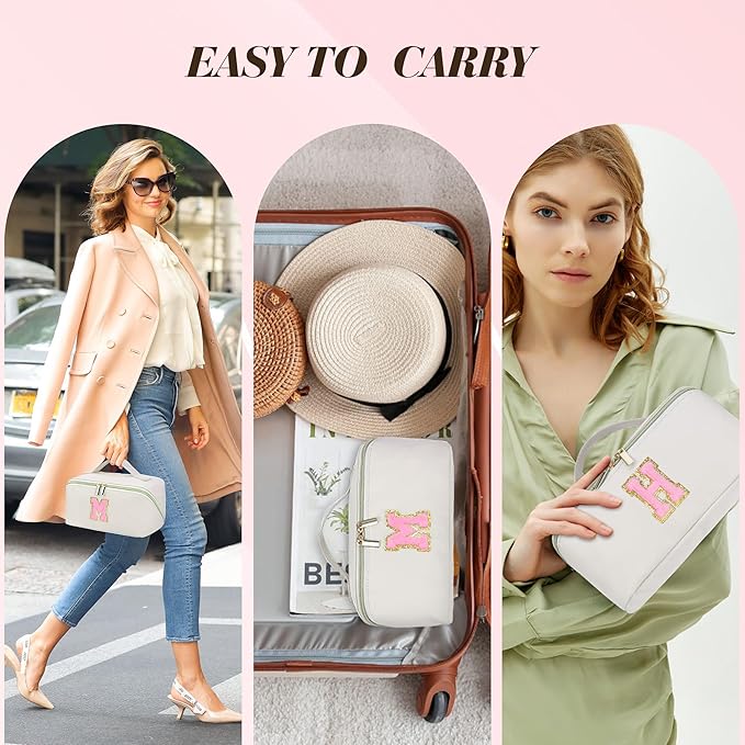 for Valentines Day Gifts, Makeup Bag for Women, PU Leather Travel Toiletry Bags, Initial Make Up Cosmetic Pouch for Teen Girls, Wide Open Portable Skincare Bag, Personalized Birthday Gifts, White L
