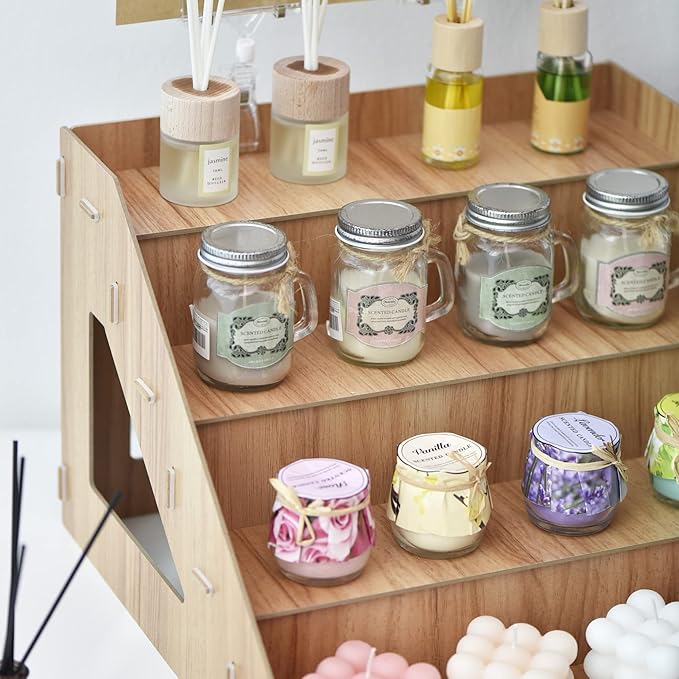 4-Tier Retail Wooden Display Riser - Farmers Market Craft Fair Display Rack - Candle Soap Display Stand for Craft Shows - Wood Countertop Pop Up Shop Display Rack for Tumblers Cupcakes Candy