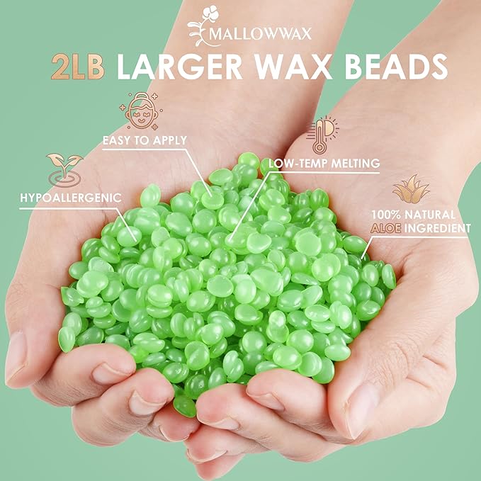 Mallowwax 2LB Aloe Hard Wax Beads, Hair Removal Wax for Full Body, Eyebrow, Legs, Bikini Brazilian Waxing - Perfect for Coarse and Fine Hair