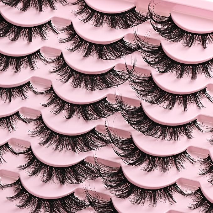Cat Eye Lashes Wispy Fox Eyelashes Strips Natural D Curl Lash Pack 14 Pairs Lightweight Fluffy Cateye Lashes Soft Cotton Band Wispies Full Easy Russian Strip Eyelash for Women