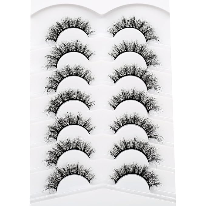 Pooplunch False Eyelashes Natural Cat Eye Lash Wispy Extensions Volume Faux Mink Lashes Fake Eyelash Strips 7 Pairs Pack