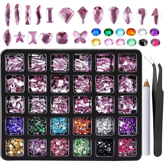Canvalite 2900Pcs Pink Rhinestones for Nails, 18 Styles Multi Shape Nail Charms and Gems Shiny Glass Crystal Flatback Nail Rhinestones Set for Nail Art with Rhinestone Picker and Tweezers