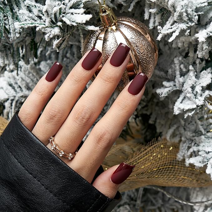 BTArtbox Press on Nails Short Square - Dark Red Nails with Glossy French Tips in a Matte Finish, Soft Gel Fake Nails Glue On Nails in 16 Sizes for for Valentine's Day Gift, Cozy Cocoa