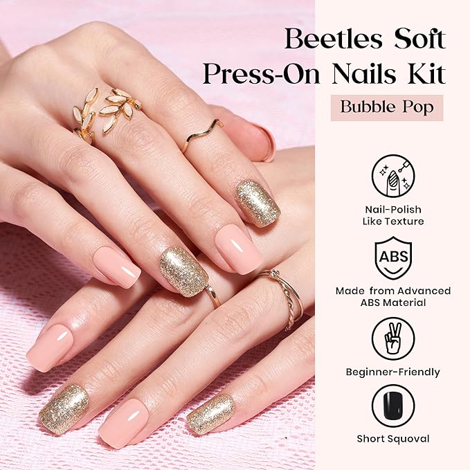 Beetles Press On Nails Kit - Bubble Pop | 720Pcs 24 Colors Short Square Press On Nails | 15 Sizes French Glossy Glitter With Nail Glue & Nail Tabs Stickers, Fake Nails Kit Art For Women