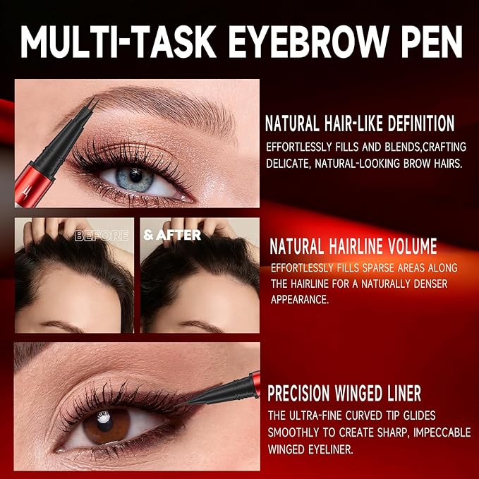 DUDUDU Eyebrow Pencil for Women - Microblading Eyebrow Pen with Dual-Ended Design featuring 2-Fork Tip & Fine Single Brush-Tip, Waterproof, Creates Natural Hair-Like Strokes, Long-Lasting Black