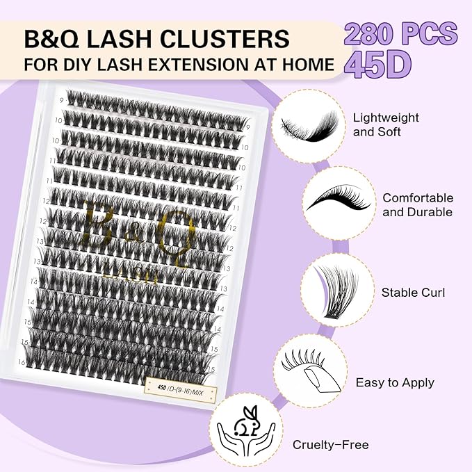 Lash Clusters Individual Lashes Lash 280 PCS Eyelash Clusters False Eyelash 45D Lash Extension Fluffy Natural Cluster Eyelash Extensions DIY Eyelash Extensions at Home (45D-0.07C,9-16MIX)
