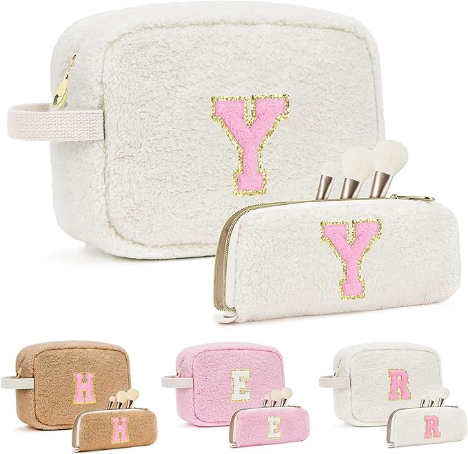 for Valentines Day Gifts, Travel Makeup Bag for Women, Initial Make Up Bag Set for 6 7 8 9 10 11 12 13 Years Old Kids Tween Girls, Large Cosmetic Skincare Bags for Birthday Gifts, White Y