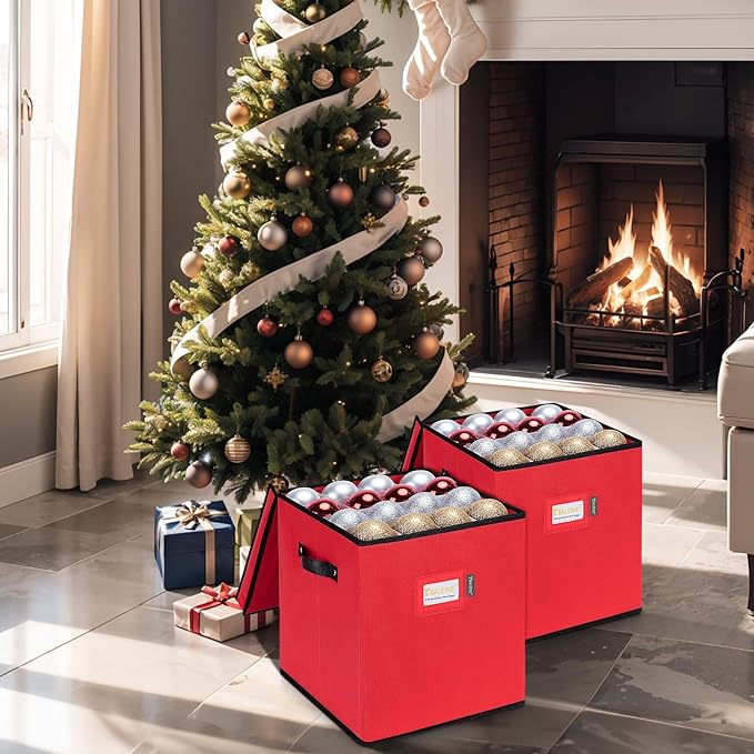 BALEINE Christmas Ornament Storage Box with Dividers, Premium Holiday Ornaments Storage Container Bin for Xmas Decorations (64 Ball, Grey, Without Tray)