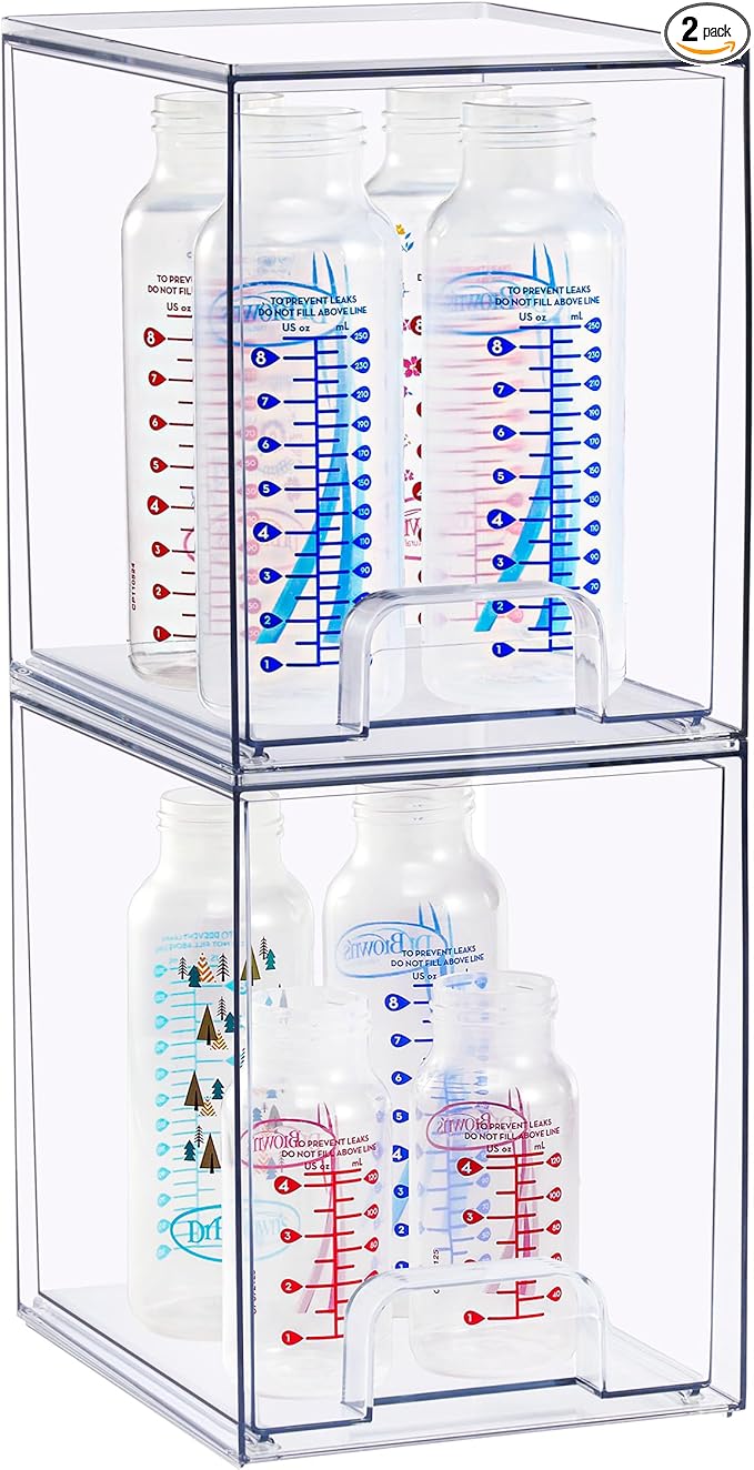 Sorbus Stackable Acrylic Storage Drawers, 2 Pack Clear Plastic Organizer Bins for Baby Bottles, Makeup, Bathroom, Vanity & Kitchen Countertop Organization, Pull-Out Drawer Design for Cabinets & Pantry