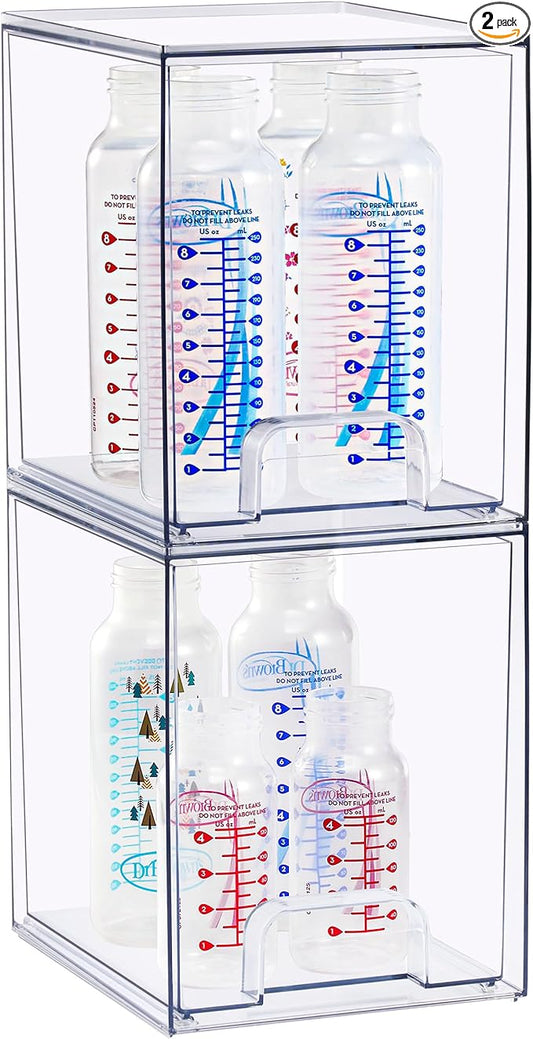 Sorbus Stackable Acrylic Storage Drawers, 2 Pack Clear Plastic Organizer Bins for Baby Bottles, Makeup, Bathroom, Vanity & Kitchen Countertop Organization, Pull-Out Drawer Design for Cabinets & Pantry