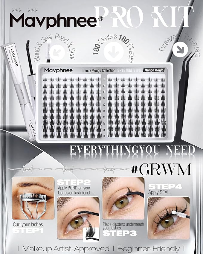 Viva Lash Clusters Kit Manga Eyelash Clusters Anime Individual Lashes Spiky Cluster Eyelash Extensions Kit 8-18MM Fairy Cluster Lashes Clear Band Lashes Clusters with Bond and Seal Lash Glue