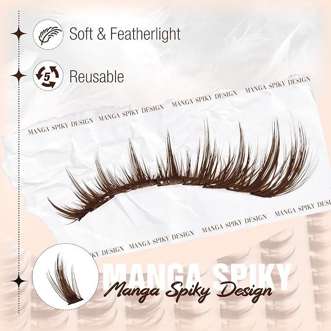 Manga Lash Clusters Brown Eyelash Individuals Anime Spiky Cluster Eyelash Extensions Dark Brown Fairy Lash Extensions Fluffy Wispy DIY Cluster Lashes CC Curve Everyday Cosplay 8-16MM DIY Lash Pack