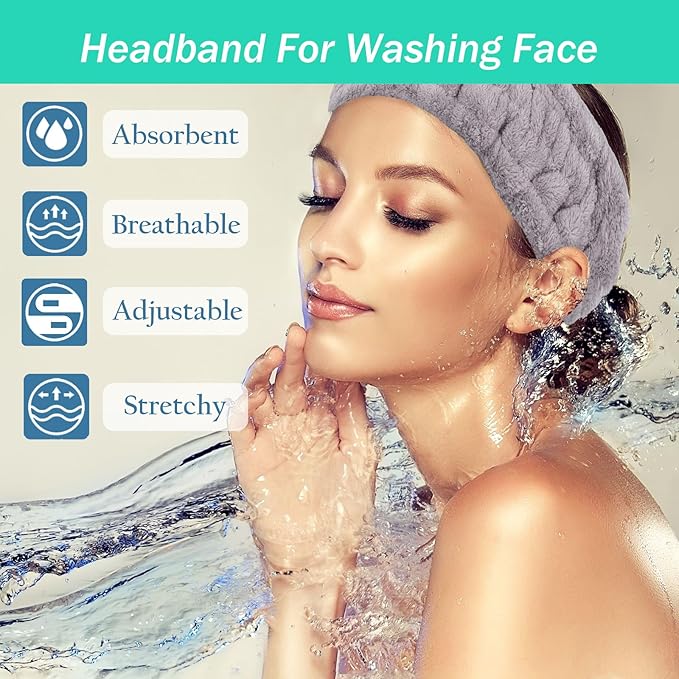 Pejnl Microfiber Spa Headband 3-Pack, Soft Terry Cloth Headband for Washing Face, Facial Mask, Makeup, Shower, Yoga, Gift for Women and Teens (Black+Light Gray+White)