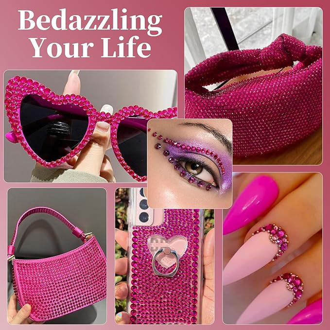 Yzzseven 14 Types of 700 Rose Pink Diamonds + 2100 Flat Rhinestones Mix 20 Styles Flatback DIY Crafts Rhinestone Crystals 3D Ornament‌s Flat Back Stones Set + Tweezers + Drill Pen
