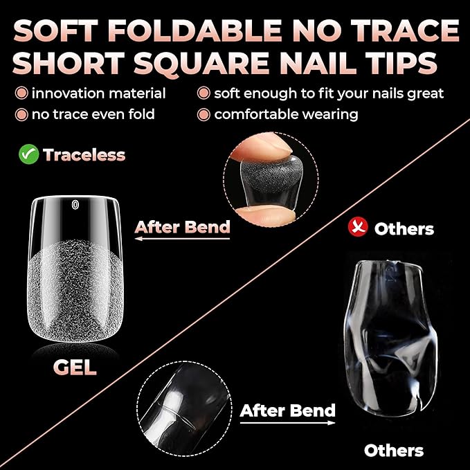 UNA GELLA Short Square Gel Nail Tips: 312pcs Square Fake Nails Pre-file Soft Gel Nails Tips for Full Cover Acrylic Nails False Nails12 Sizes Press on Nails for Nail Extensions Home DIY Salon