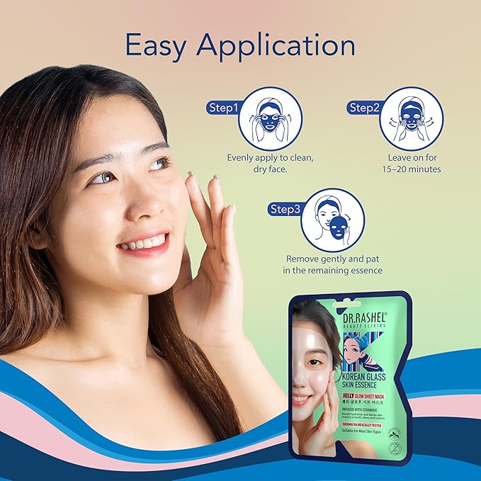 DR.RASHEL Korean Glass Skin Essence Jelly Glow Sheet Mask | Ceramide Infused, Hydrating & Barrier Support | Dermatologically Tested Korean Skincare (25 g / 0.88 oz)