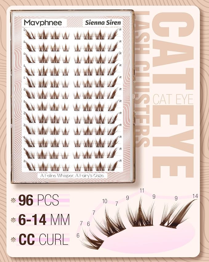 Cat Eye Lash Clusters Brown Eyelash Clusters Fox Eye Individual Lashes Extensions Spiky Cluster Eyelash Extensions Fairy Cluster Lashes Fluffy Anime DIY Lash Pack Pestañas Postizas (CC Curl, 96Pcs)