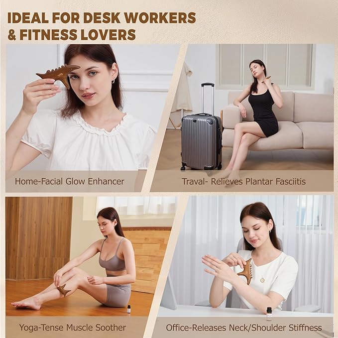 Wooden Gua Sha Tool with Rose Essential Oil, Trigger Point & Acupressure Massage Tool for Deep Tissue Muscle Relaxation, Compact Muscle Scraper Tool, Wellness Self-Care Gift Set