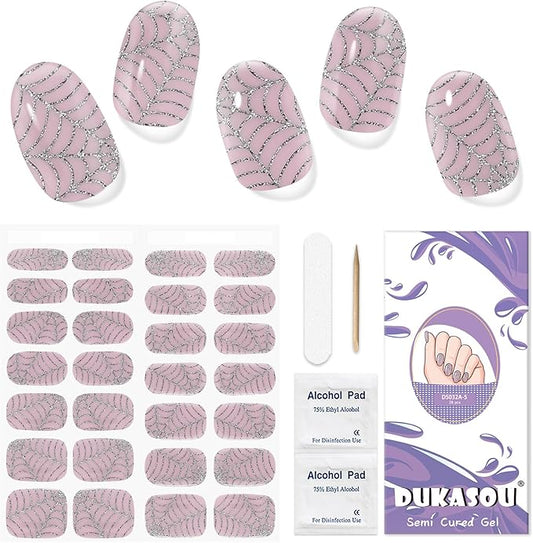 DUKASOU Semi Cured Gel Nail Strips, 28Pcs Halloween Nail Art Stickers/Wraps, Long Lasting UV Nail Polish Strips for Adults(Silver Spider Web)
