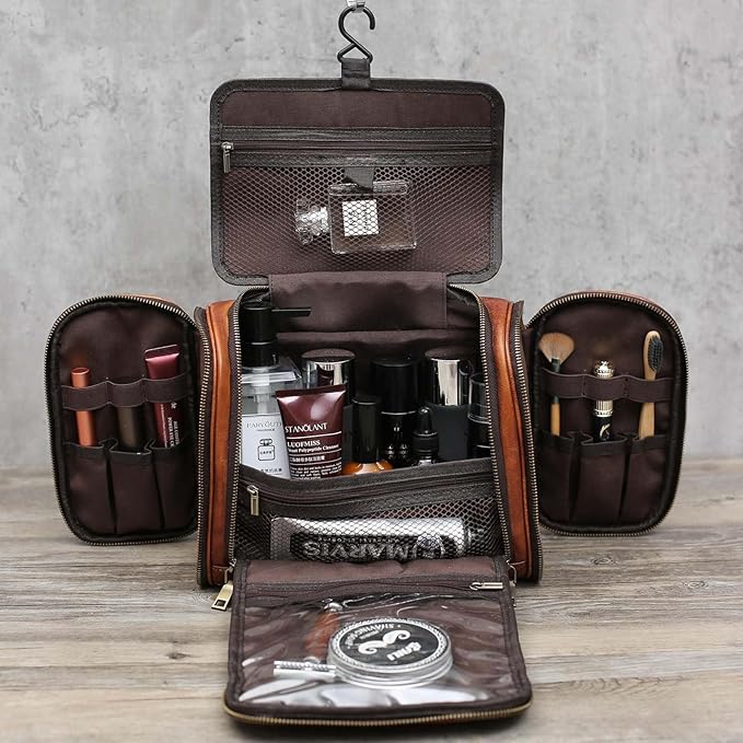 Toiletry Bag For Men, Genuine Leather Toiletries Organizer, Large Travel Hanging Toiletry Bag Water-resistant Bathroom Shaving Kit for Cosmetics, Makeup Case Travel Dopp Kit