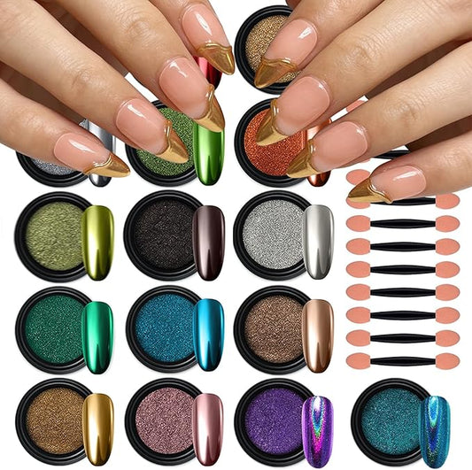 Artdone 16 Colors Chrome Nail Powder, Iridescent Aurora Powder Metallic Mirror Effect Pigment Pearlescent Mermaid Pigment Pearl Glitter Dust Kit, Nail Art Decoration, Resin Craft