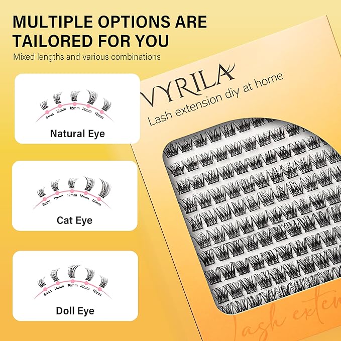 VYRILA Lash Clusters 8-16mm, False Eyelashes 132pcs, Cluster Eyelash Extensions Matte Black Soft, Diy Lash Extensions D Curl Natural Lash Clusters Faux Mink Lashes Wispy（Breeze,132pcs,0.07,D,8-16MIX)