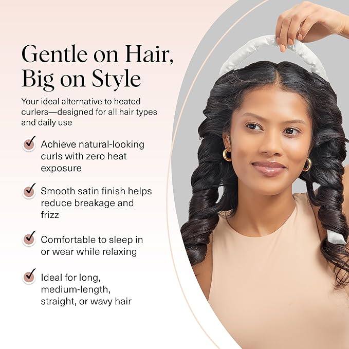Kitsch Satin Heatless Curling Set – Heatless Curls Overnight with 34" Hair Curler & 2 Satin Scrunchies – Comfortable Hair Curlers to Sleep In for Frizz-Free, No Heat Damage Styling - Ivory