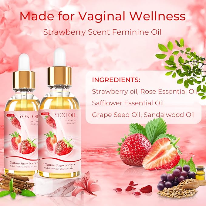 BASSI 2PCS Yoni Oil Organic Feminine Oil Vaginal Moisturizer - Ph Balance for Women - Feminine Deodorant - Eliminates Odor With Strawberry Essential Oil, All Natural Yoni Oil (Strawberry)