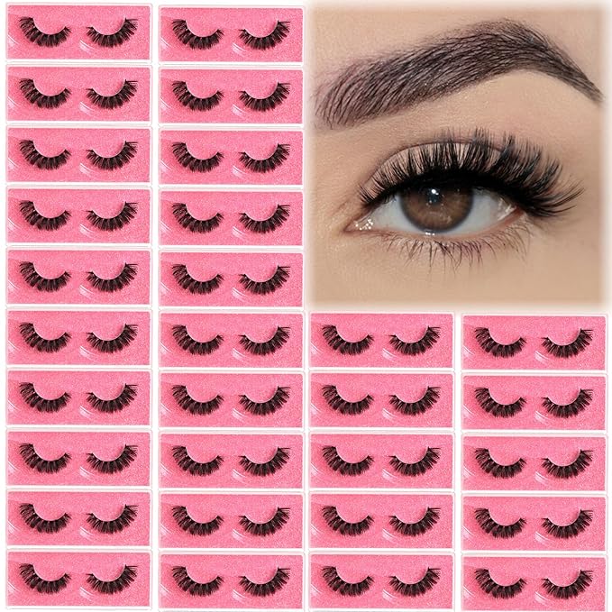 Wispy Lashes Bulk 30 Pairs Natural Volume Eyelashes Wholesale Cat Eye Strip Lash Sets Short Thick Fluffy False Mink Eyelash Strips Full Small Fake Pestañas Postizas with Portable Pack