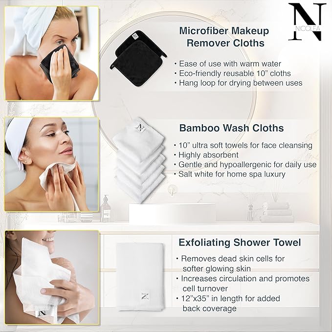 NICOLEA Premium Skincare Cleansing Set for Face & Body – 5 Bamboo Facial Cloths, 2 Microfiber Makeup Remover Cloths & 36” Exfoliating Body Towel – Premium Skincare & Self-Care Gift Set for Women