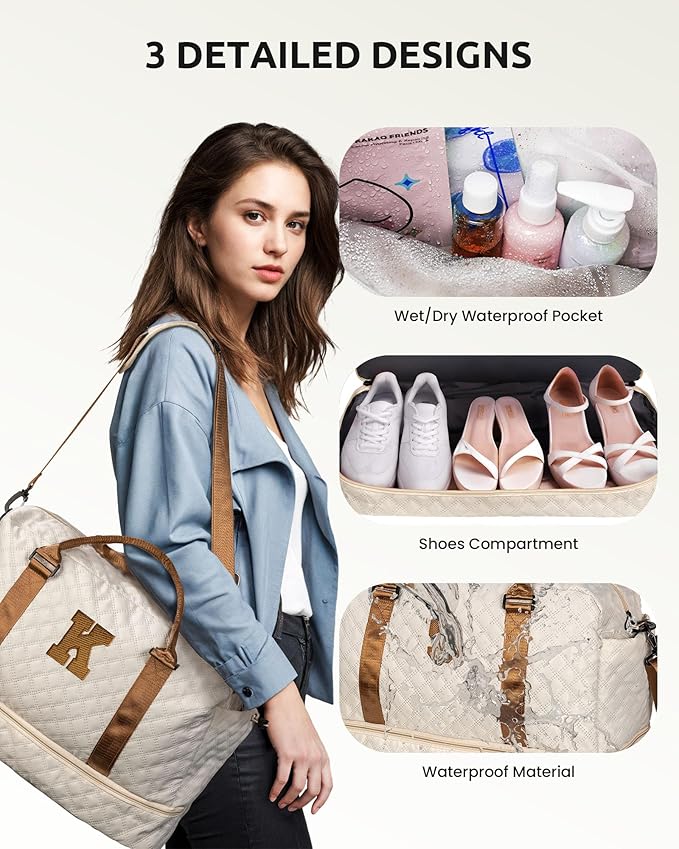 Initial Duffle Bag with Shoe Compartment, Personalized Weekender Bag, Monogram Overnight Bag for Women with Trolley Sleeve & Wet Pocket, Letter Travel Bag with Makeup Bag (Letter J), Beige