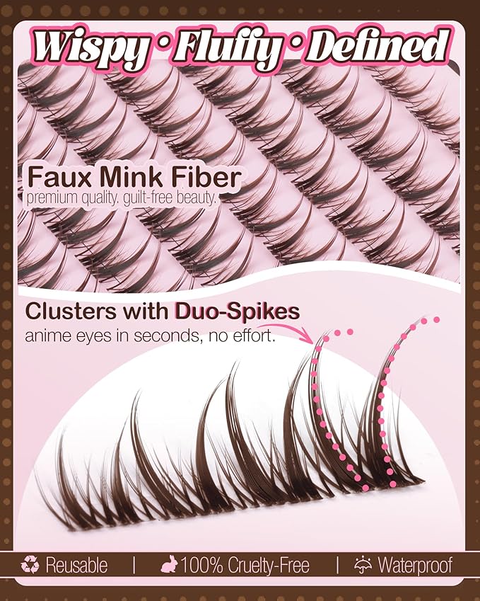 Brown Wispy Lash Clusters Kit with Bottom Lashes Manga Cluster Eyelash Extensions Kit Natural Anime Eyelash Clusters Spiky Fairy Individuals Lash Bond and Seal Clear (5-14MM, CC Curve)